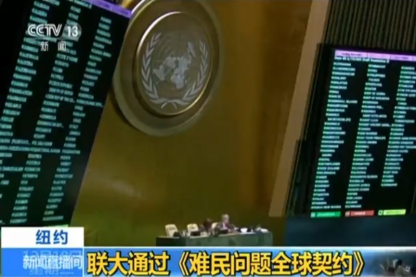 聯合國大會當地時間19日正式通過《移民問題全球契約》。（圖源：CCTV視頻截圖）