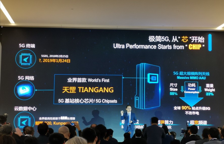 華為公司24日在北京召開發佈會，正式發佈全球首款5G基站核心芯片──“天罡芯片”。（圖源：互聯網）