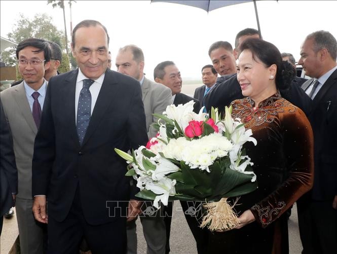 摩洛哥王國眾議院議長哈比博‧馬勒克（前左）親往 Rabat Salle機場迎接國會主席阮氏金銀。（圖源：越通社）