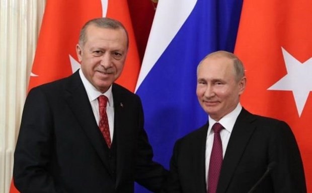 俄羅斯總統普京（右）8日與到訪的土耳其總統埃爾多安舉行會談。（圖源：anews.com.tr）