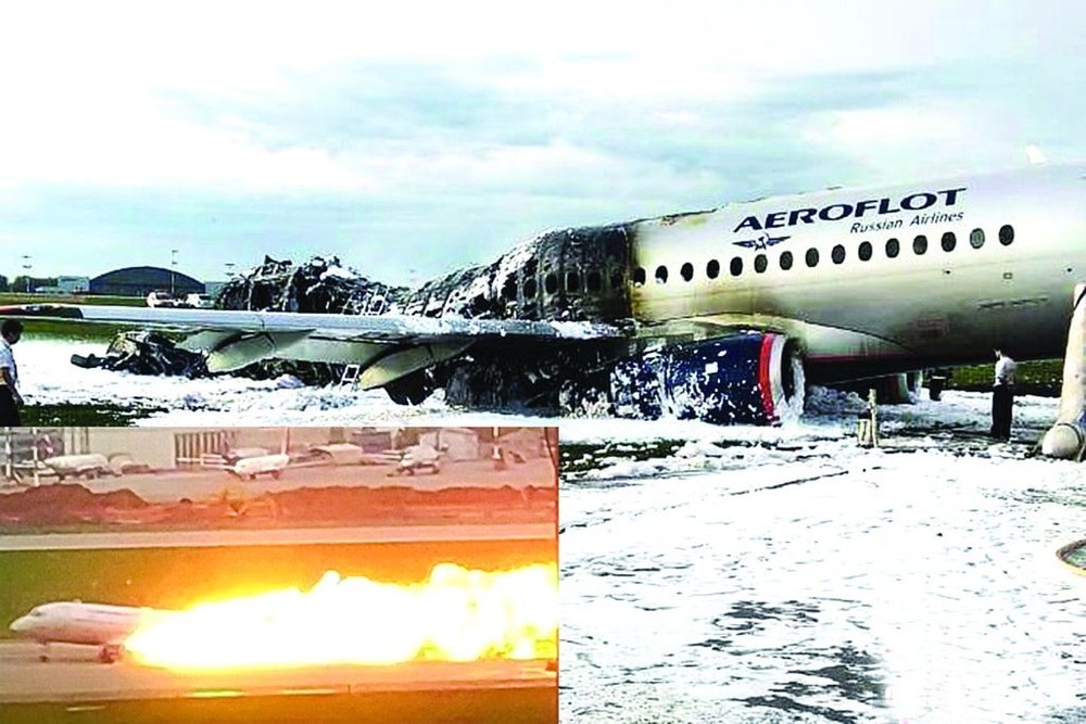 俄航空客機機身被燒至焦黑、機尾起火（小圖）。（圖源：互聯網）