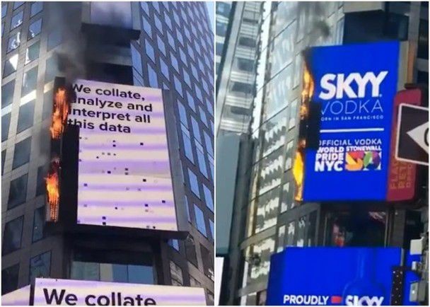 時代廣場一個電子廣告牌突然起火。（圖源：互聯網）
