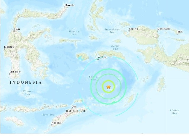 印尼班達海附近發生7.5級地震，震源深度208.3公里。圖中星號表示震中位置。（圖源：互聯網）