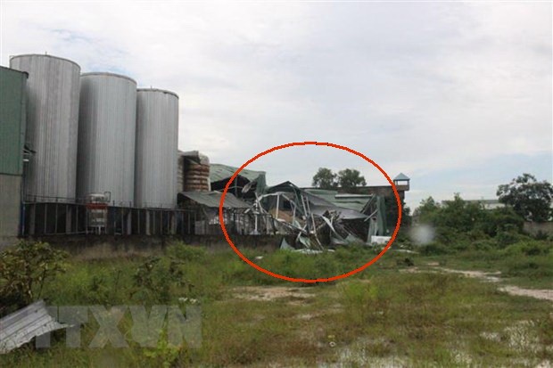 富美興有限責任公司啤酒廠的排水池發生爆炸，導致該廠的原料庫（畫紅圈處）全部倒塌。