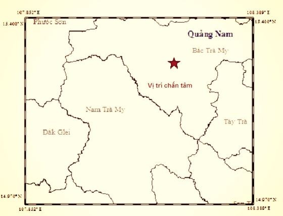 昨(18)日中午12時20分，廣南省北茶眉縣已發生一場里氏3.8級的地震。圖中星號表示震中位置。（圖源：地球物理院）