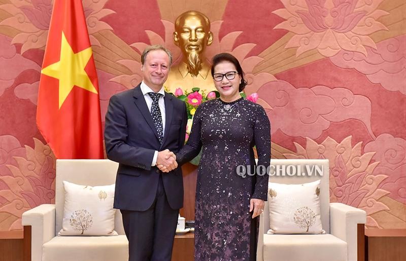 國會主席阮氏金銀（右）接見歐盟駐越南代表團團長、大使布魯諾‧安格萊特。（圖源：Quochoi.vn）