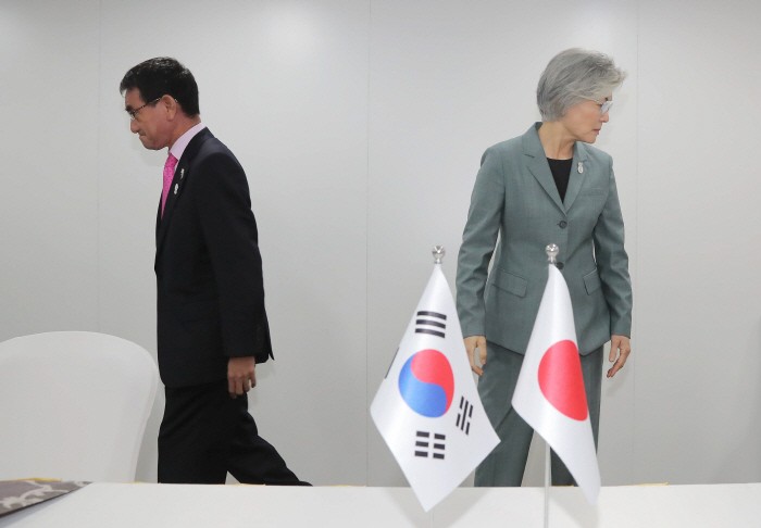 8月1日，在曼谷，韓國外長康京和（右）與日本外相河野太郎握完手轉身就座。 （圖源：韓聯社）
