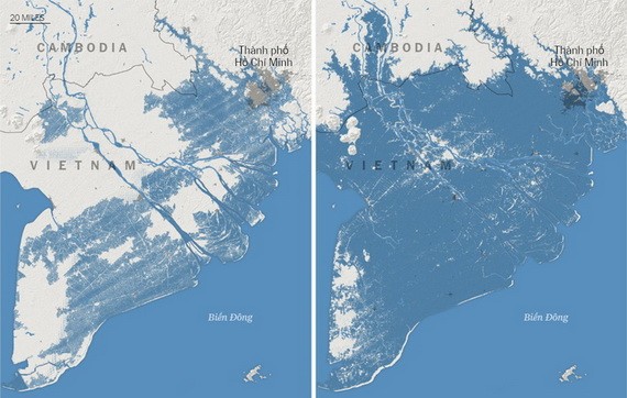 左圖顯示早些時候對2050年淹沒陸地的預測。但新的前景，也就是右圖所示，我國南部的低處將在漲潮時被淹沒，包括胡志明市的大部分地區。（圖源：Climate Central）