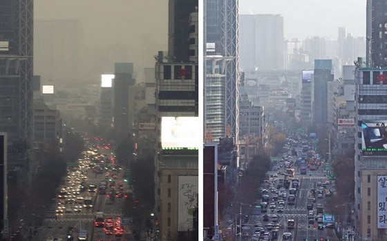 右圖為12月12日霧霾消散後的首爾街道，左圖為此前被霧霾籠罩的城區。（圖源：韓聯社）