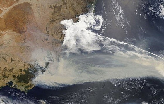 NASA動態圖片衛星影像顯示，澳洲山火引發的煙霧，已到達南美洲。 （圖源：NASA）