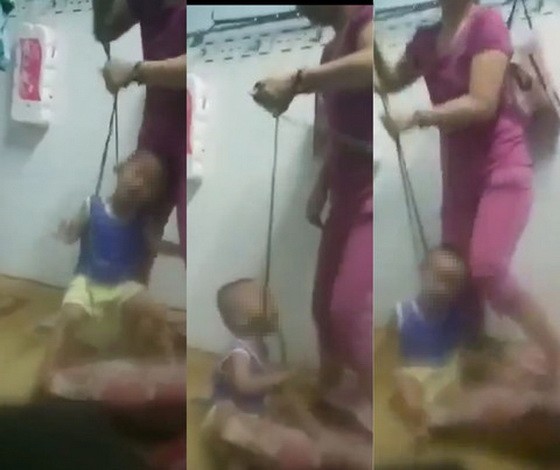 狠心母親虐待親生兒的視頻曝光。（圖源：視頻截圖/拼圖）