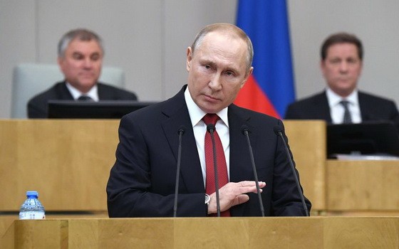 3月10日，在俄羅斯首都莫斯科，俄總統普京在國家杜馬（議會下院）發表講話。 （圖源：AFP）