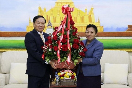 越南駐老撾大使阮伯雄（左）與老撾人民革命黨中央委員、中央對外部部長順通•賽雅佳。（圖源：越通社）