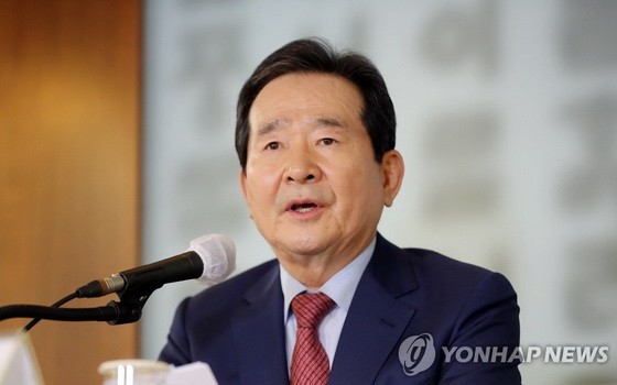 韓國國務總理丁世均27日在與外媒記者座談會上發言。（圖源：韓聯社）