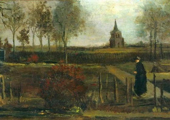 荷蘭畫家文森特‧梵高(Van Gogh)1884年畫作《紐恩南春天裏的牧師花園》。（圖源：互聯網）
