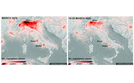 以歐洲疫情最嚴重的意大利北部地方為例，二氧化氮濃度較去年同期出現明顯下降。（圖源：COPERNICUS/KNMI/ESA）