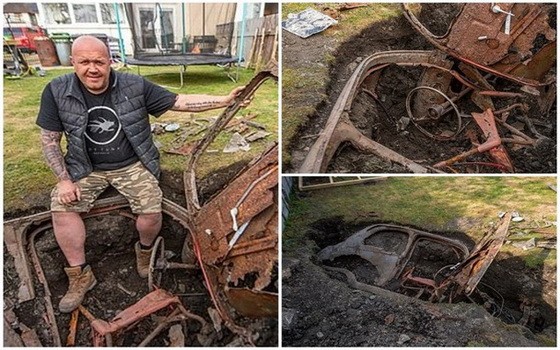 布雷肖在花園掘地，竟發現埋了整輛古典汽車。（圖源：互聯網）