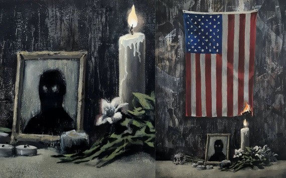 英國塗鴉大師班克西6日發布新作，一盞悼念已逝非裔人士的蠟燭點燃美國國旗的一角。（圖源：IG@banksy）