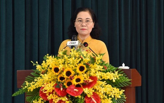市人民議會主席阮氏麗在會上致開幕詞。（圖源：越勇）