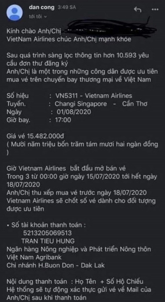 冒充越航代表向人們發佈邀請購買返國機票的詐騙郵件內容。（圖源：PV）