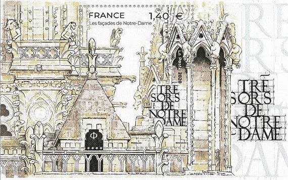 郵票上繪製的圖案是巴黎聖母院建築外牆，郵票邊紙上印有“巴黎聖母院的寶藏”字樣。（圖源：互聯網）