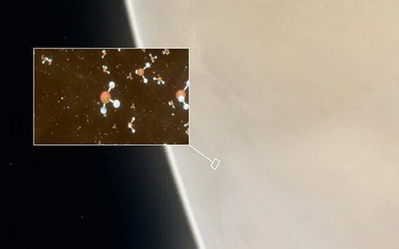  歐洲南方天文台14日發布的一張金星的效果圖，小圖中展示了磷化氫分子。（圖源：互聯網）