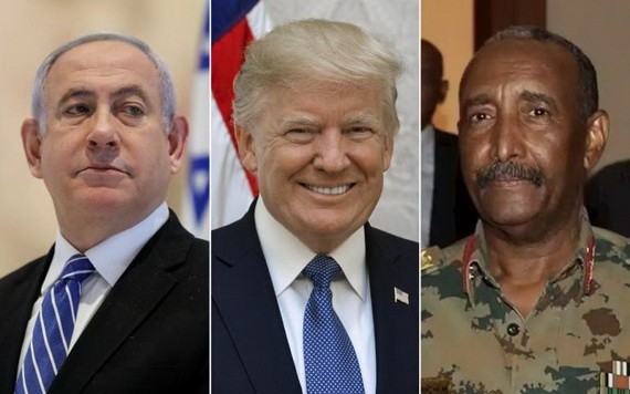 蘇丹主權委員會主席布爾漢（右圖）、美國總統特朗普（中）及以色列總理內塔尼亞胡。（圖源：社交網）