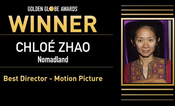 華人導演趙婷憑藉《無依之地》獲得最佳導演和劇情類最佳影片獎。（圖源：Golden Globe Awards）