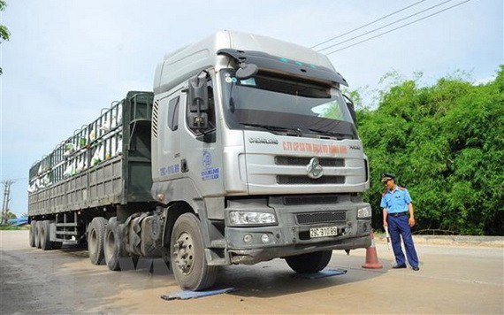 寧平省交通監察員在檢查一輛卡車的貨運載重。（圖源：越通社）