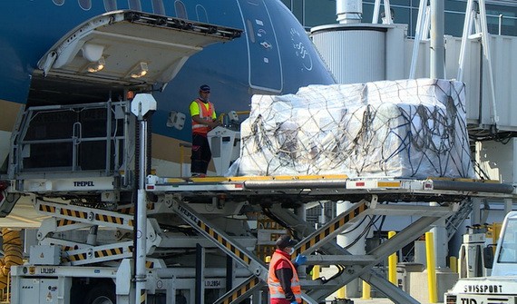 8月25日上午，美國越僑捐助逾 6.2 噸的醫療物資抵達內牌機場。（圖源：VNA）