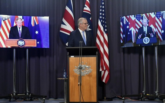 英澳美三方領導人舉行線上會議，澳總理莫里森（中）。 （圖源：互聯網）