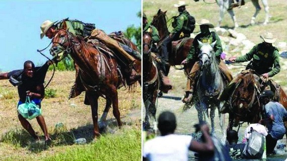 美騎警馬背上用韁繩驅趕海地難民
