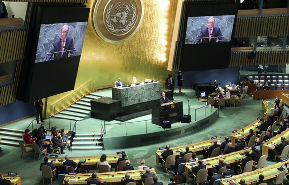 聯合國秘書長古特雷斯在第76屆聯合國大會一般性辯論開幕式上致辭。（圖源：新華社）