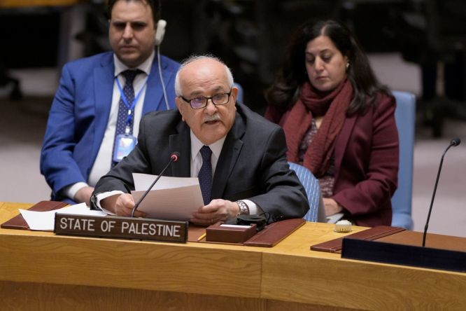 巴勒斯坦常驻联合国观察员曼苏尔在安理会发言。（图：联合国）