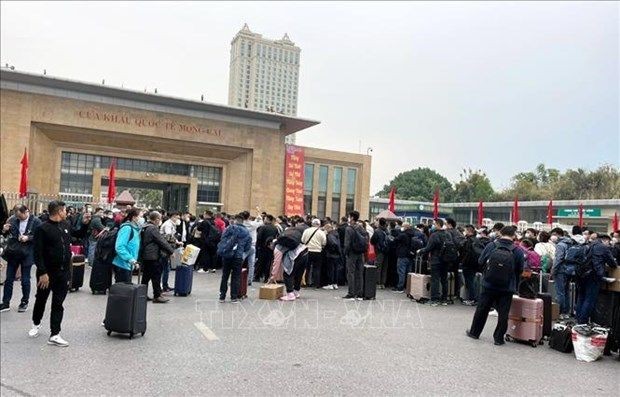 今（8）日上午，有数百中国公民来到广宁省芒街国际口岸等候办理出境手续，以回家过年。（图：越通社）