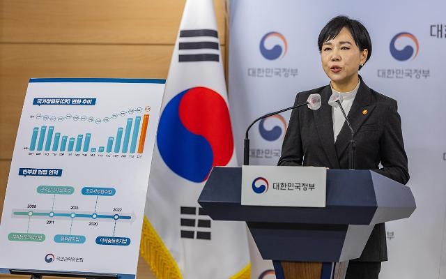 1月31日，韩国国民权益委员会委员长全贤姬在政府大楼就“2022年清廉指数”举行说明会。（图：韩联社）