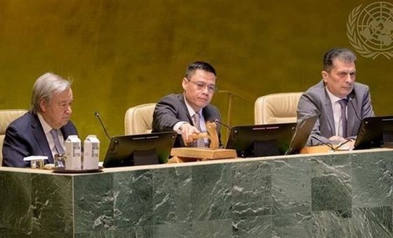 越南常驻联合国代表团长邓黄江（中）大使作为联大副主席主持讨论并通过了这项决议。（图：越通社）