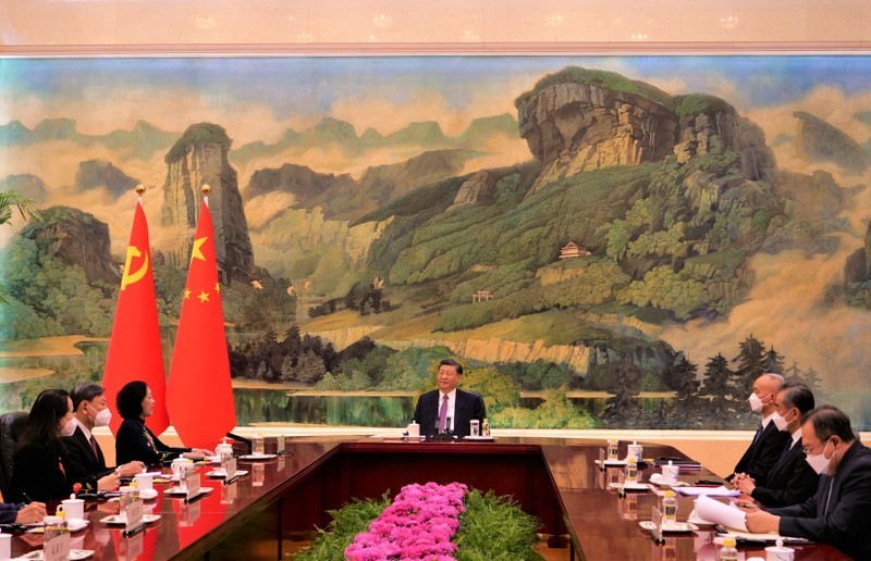 越南共产党代表团礼节性拜会中共中央总书记、中国国家主席习近平。（图：杜有兴）