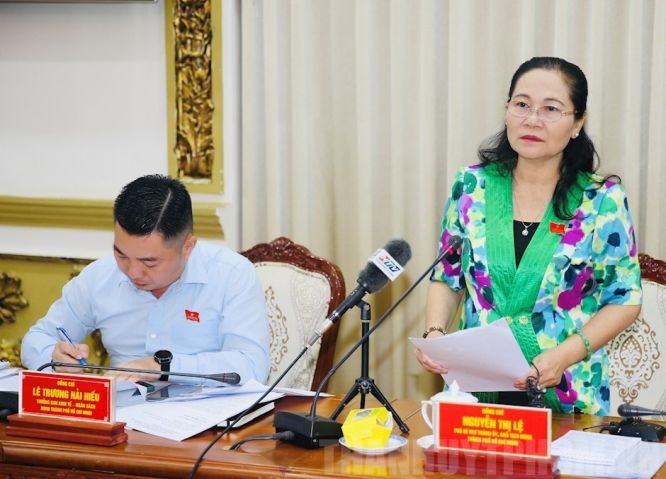 市人民议会主席阮氏丽（右）在会议上发表结论。
