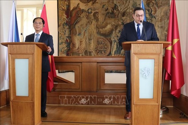 裴青山部长与捷克外交部长扬·利帕夫斯基举行谈会后共同主持新闻发布会。（图：越通社）