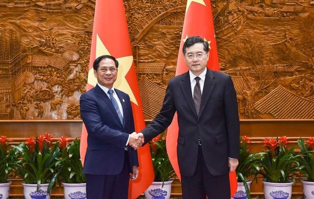 越南外交部部长裴青山（左）与中国国务委员兼外交部长秦刚。（图：外交部）