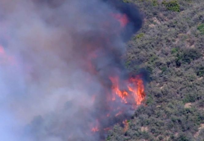 当地时间7月27日，“邦尼山火”在河滨县阿瓜加社区附近燃烧。(图：OnScene.TV)