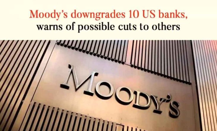 穆迪7日晚间发布报告，下调了顶尖金融银行、普罗斯佩里蒂银行等美国10家中小银行的信用评级。（图：视频截图）