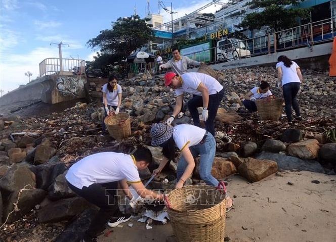 志愿者与游客清理头顿海滩垃圾