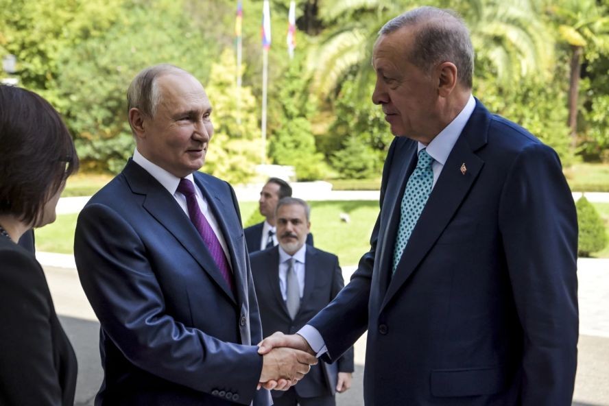 俄罗斯总统普京（左）与土耳其总统埃尔多安。（图：AP）