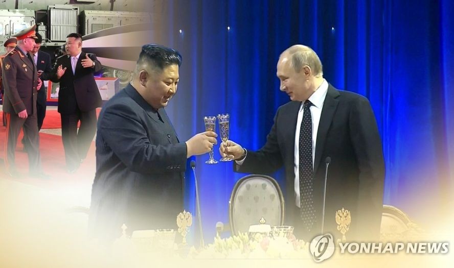 朝鲜国务委员会委员长金正恩（左）和俄罗斯总统普京。（图：韩联社）