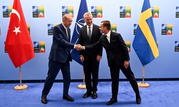 当地时间2023年7月10日，立陶宛维尔纽斯，土耳其总统埃尔多安、瑞典首相克里斯特松和北约秘书长斯托尔滕贝格合影。（图：EPA）