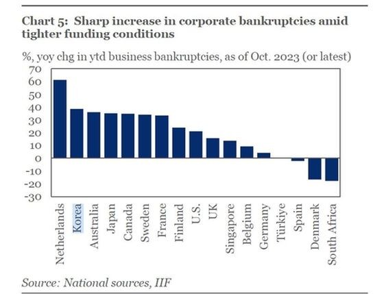世界17国企业破产数量增速 国际金融协会（IIF）报告截图。