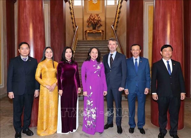 越南国家副主席武氏映春与代表团和丹麦王储殿下弗雷德里克合影。