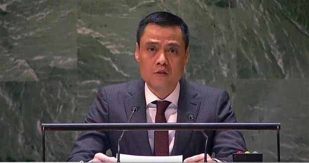 越南常驻联合国代表团团长邓黄江大使在会上发表讲话。（图：越通社）